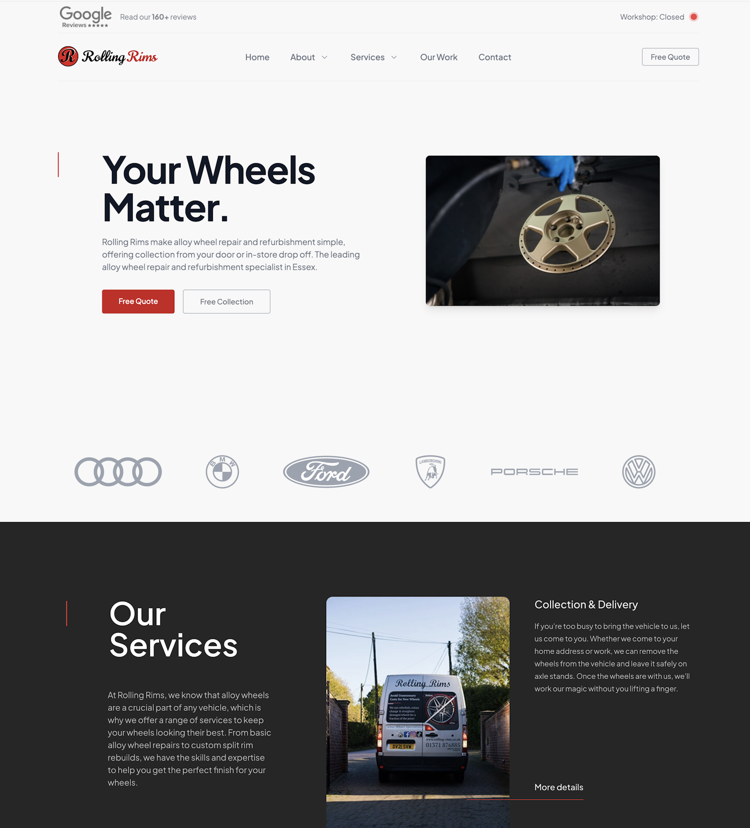 Screenshot of Rolling Rims website home page. It shows a hero section with a picture of a refurbished alloy wheel. It then has some car brands that they work with followed by a list of their services.